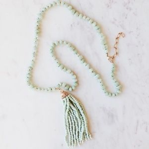Boho Blue Beaded Tassel Necklace